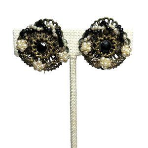 Vintage Antique Filigree Stud Button Earrings Screw-Back Bronze Pearl Black